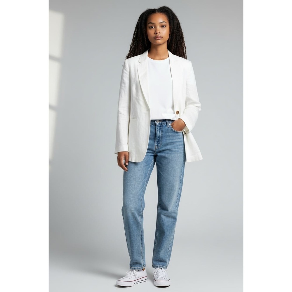 H&M White Linen Blend Single-Button Blazer Size L